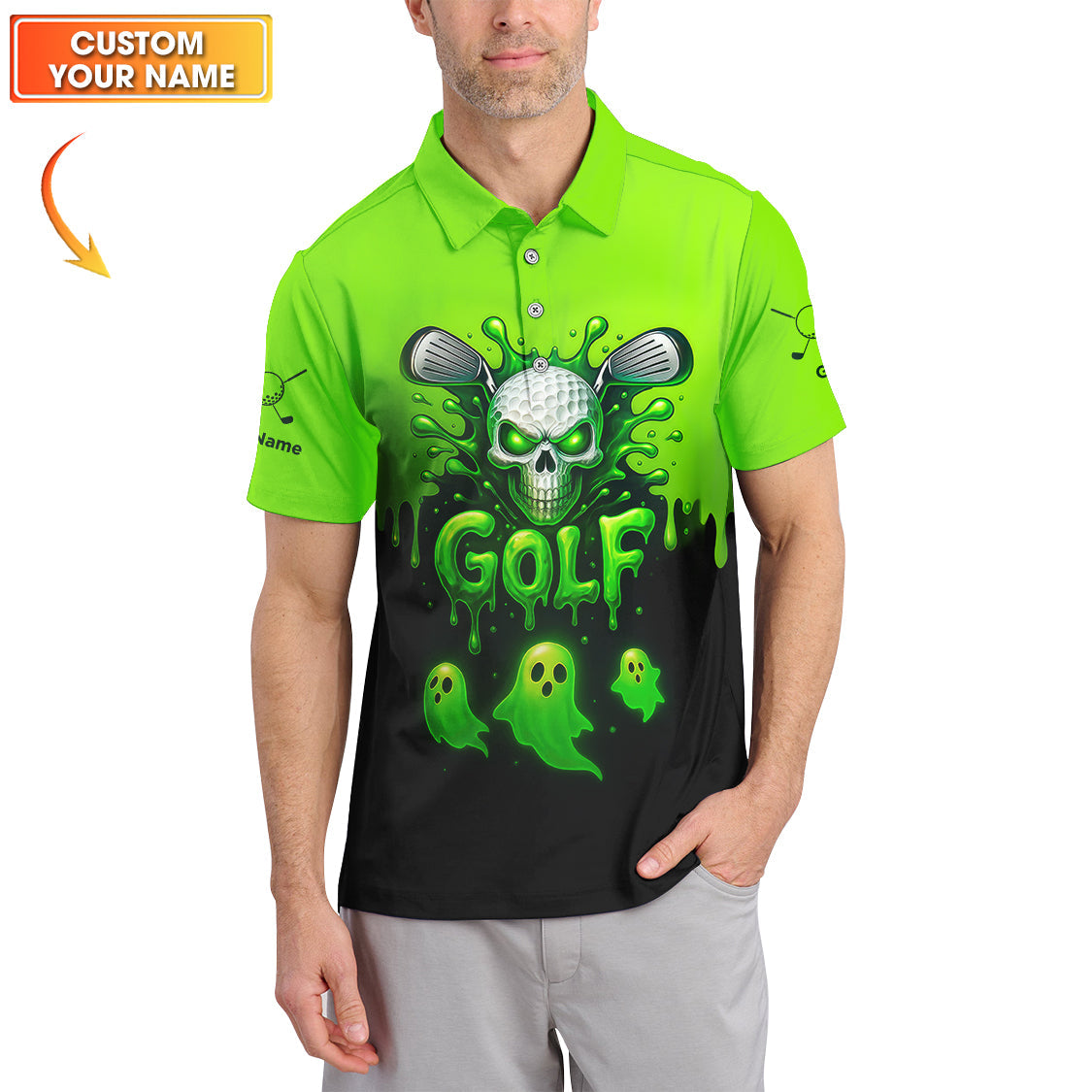 Halloween Golf Polos, Green Skull Golf Shirt For Men, Custom Name Golf Polo, Funny Golf Shirts For Golfers