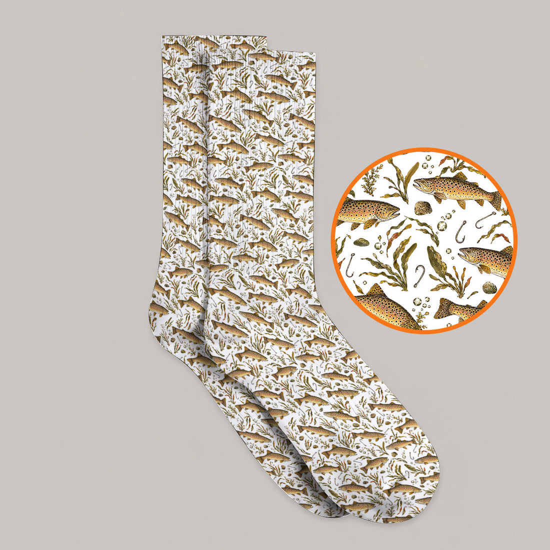Funny Brown Trout Fishing Golf Socks, Vintage Trout & Fly Fishing Pattern Golf Sock, Golf Gift For Golfer