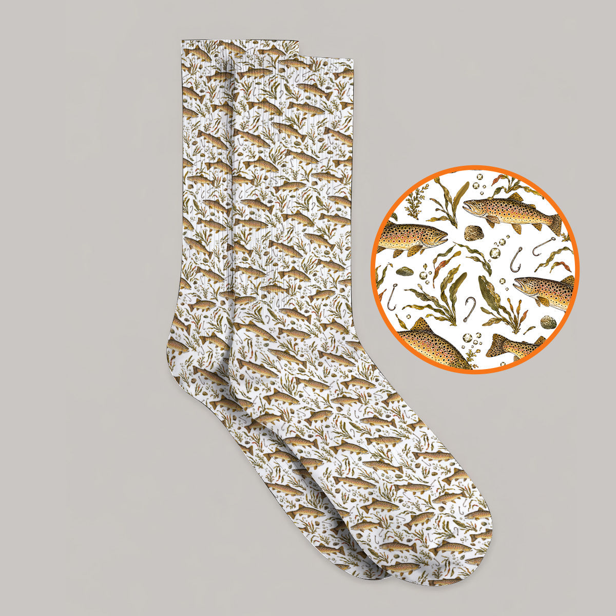 Funny Brown Trout Fishing Golf Socks, Vintage Trout & Fly Fishing Pattern Golf Sock, Golf Gift For Golfer