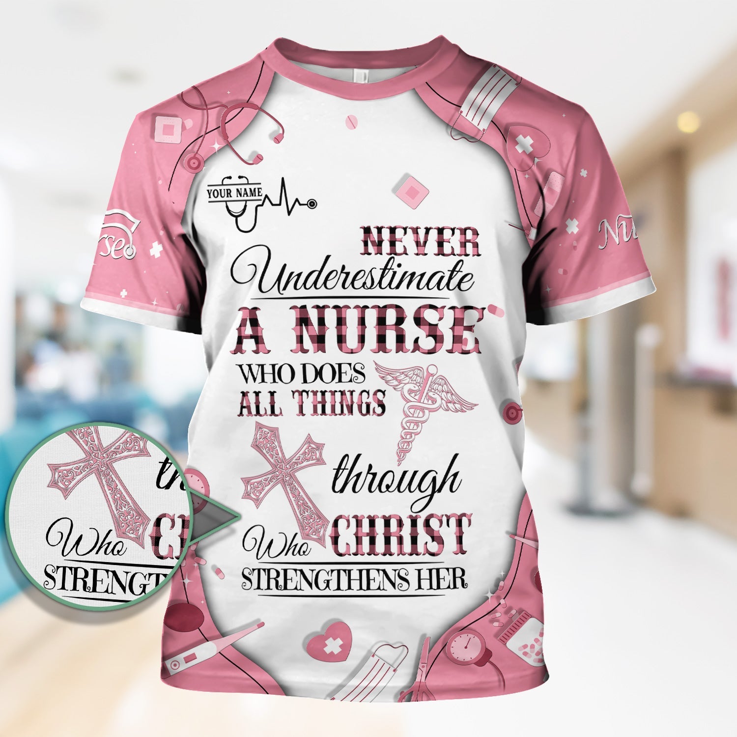 Personalized Christian Nurse Shirt - All Things Through Christ Quote - Faith-Based Medical Gift for RN, LPN, CNA Healthcare Workers