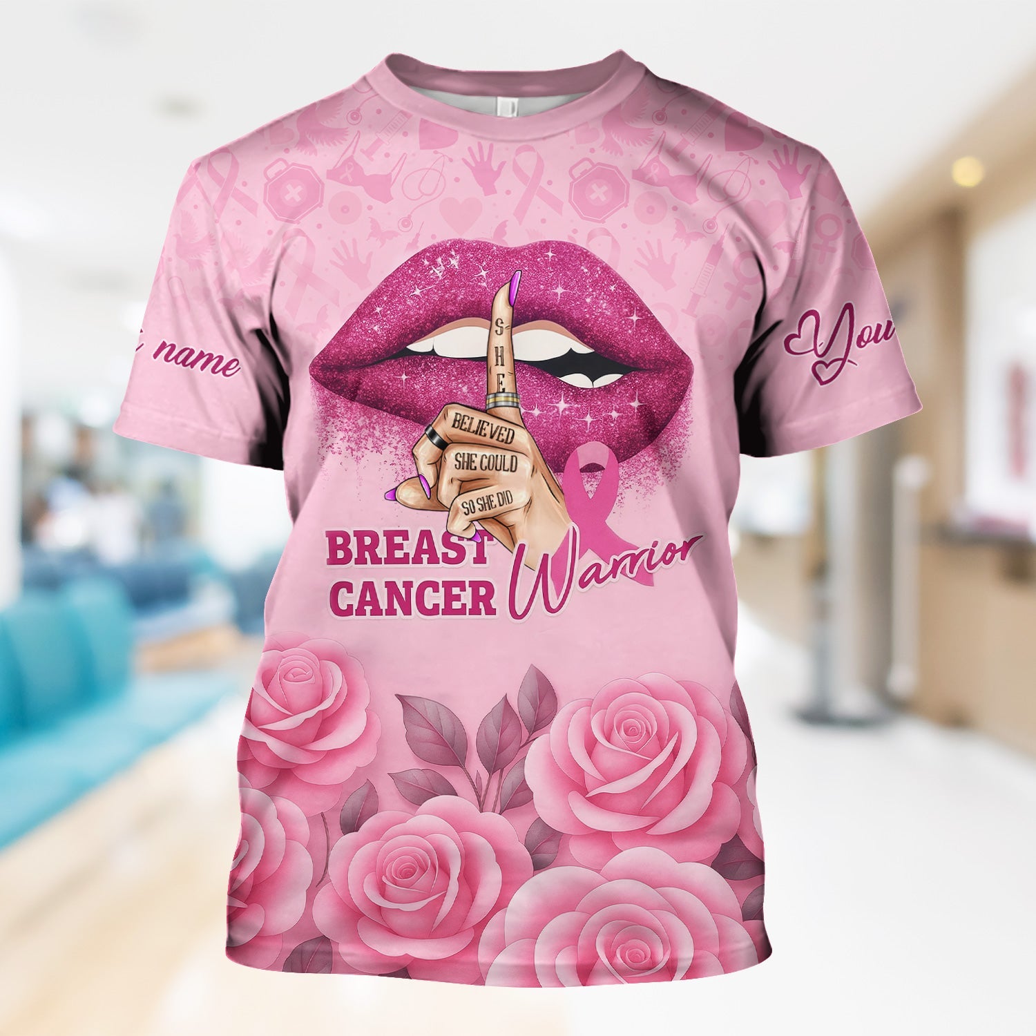 Personalized Breast Cancer Warrior Shirt - She Believed She Could Pink Ribbon Design - Gift for Women RN LPN CNA