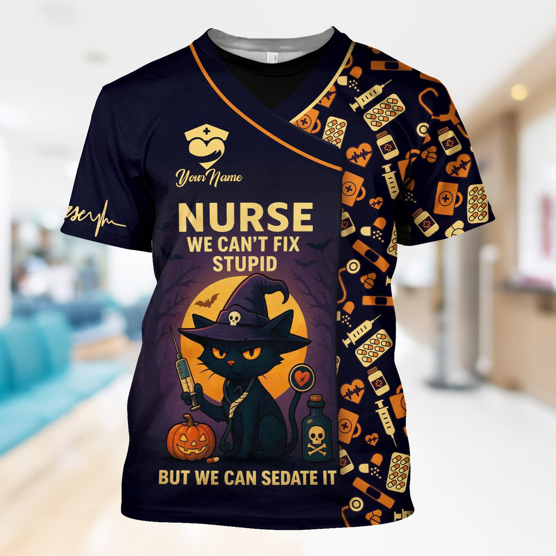 Personalized We Can't Fix Stupid Nurse Shirt - Spooky Black Cat Halloween Design - Custom Name Medical Gift for RN CNA Women