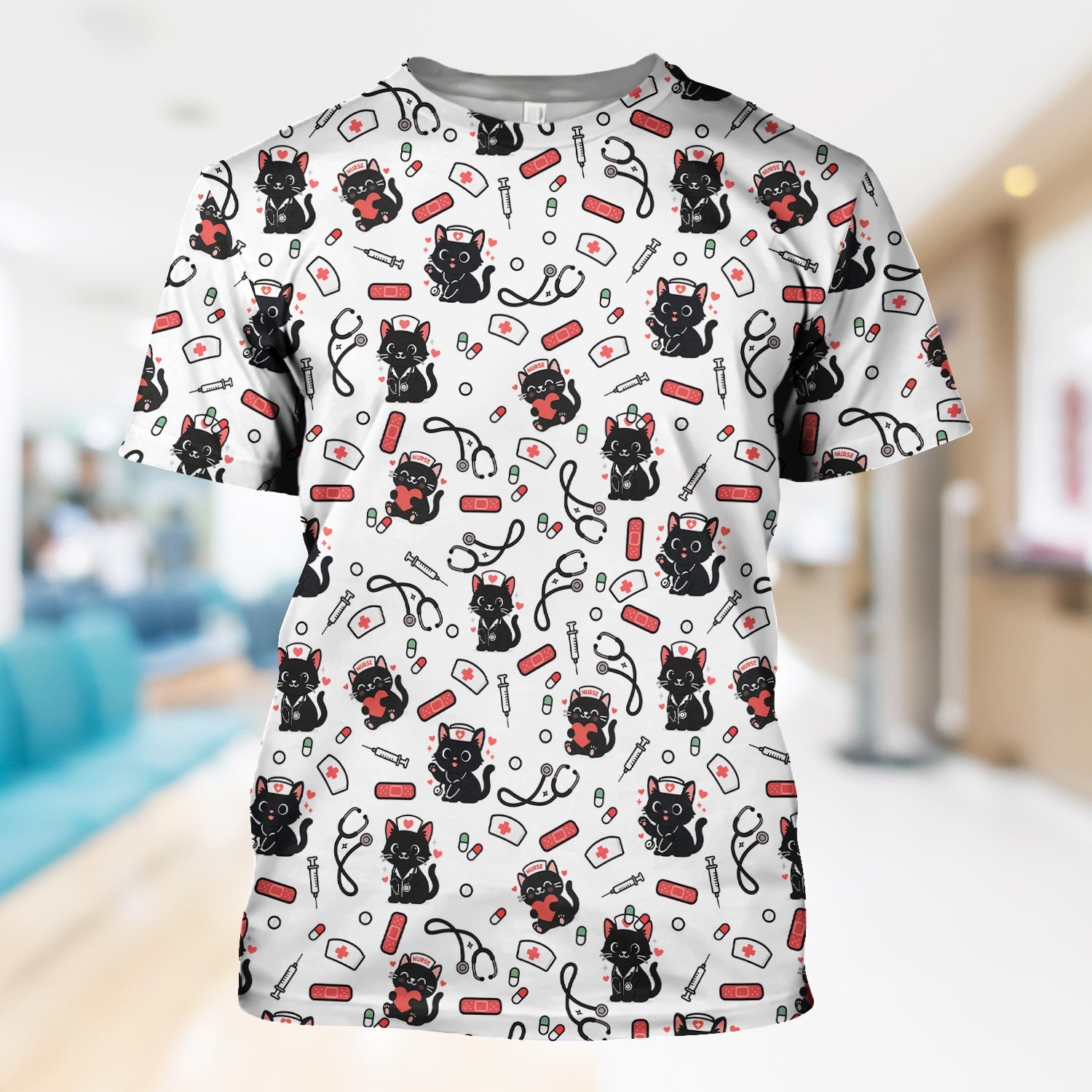 Personalized Adorable Cat Print Nurse Tee - Medical Uniform Shirt with Stethoscope - Gift for RN CNA LPN