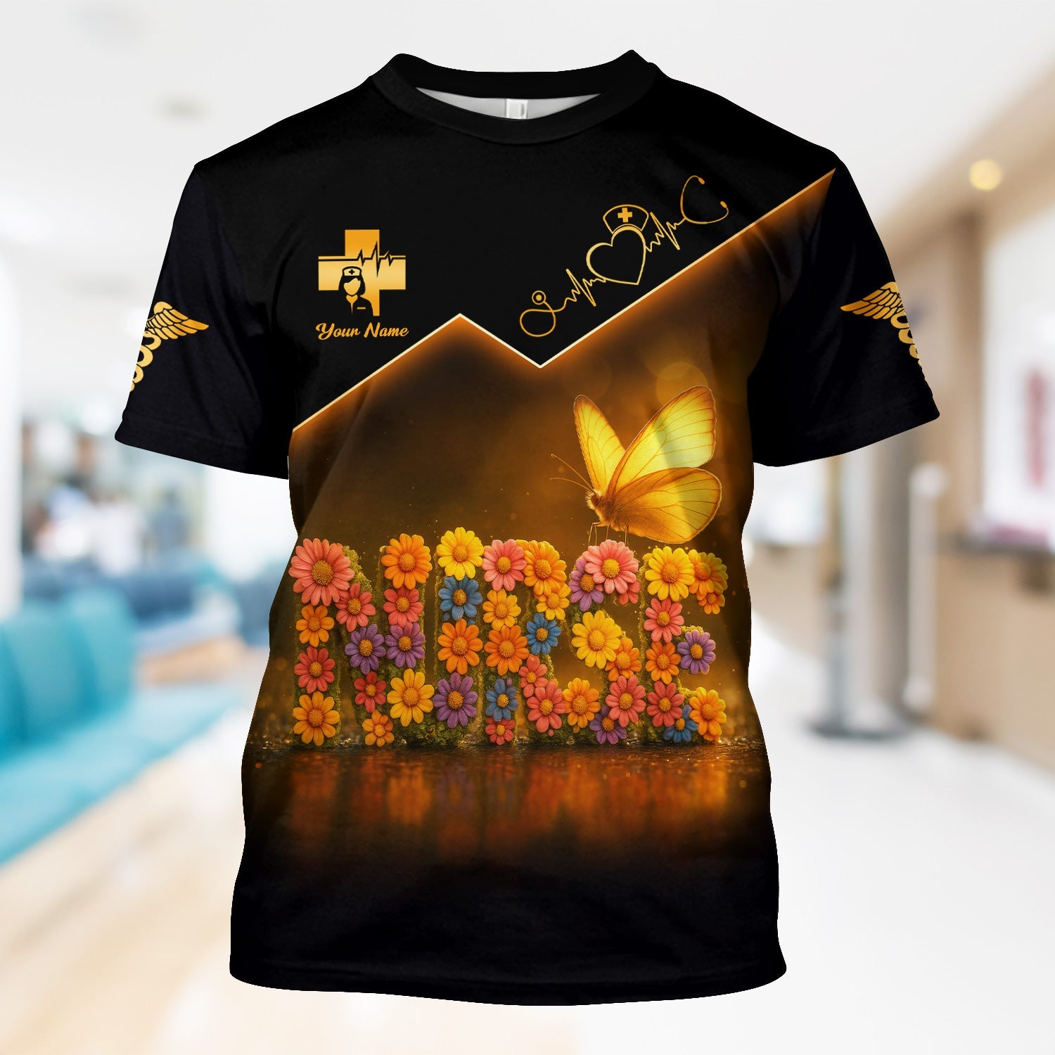 Personalized Nurse T-Shirt for Women - Floral Butterfly Design with Custom Name - Cute Gift for RN LPN CNA Healthcare Workers