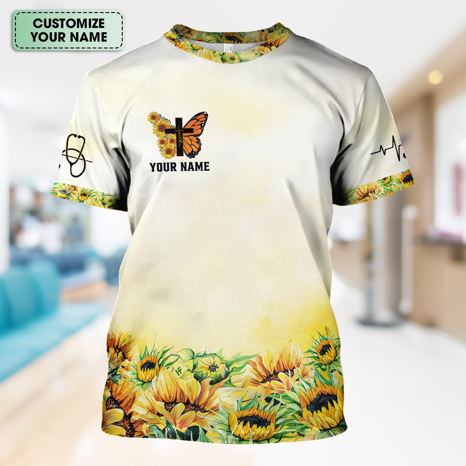 Custom Faith Nurse Shirt ‰ÛÒ Sunflower Butterfly Cross & Bible Verse Graphic Tee - Gift for RN LPN CNA Healthcare Workers