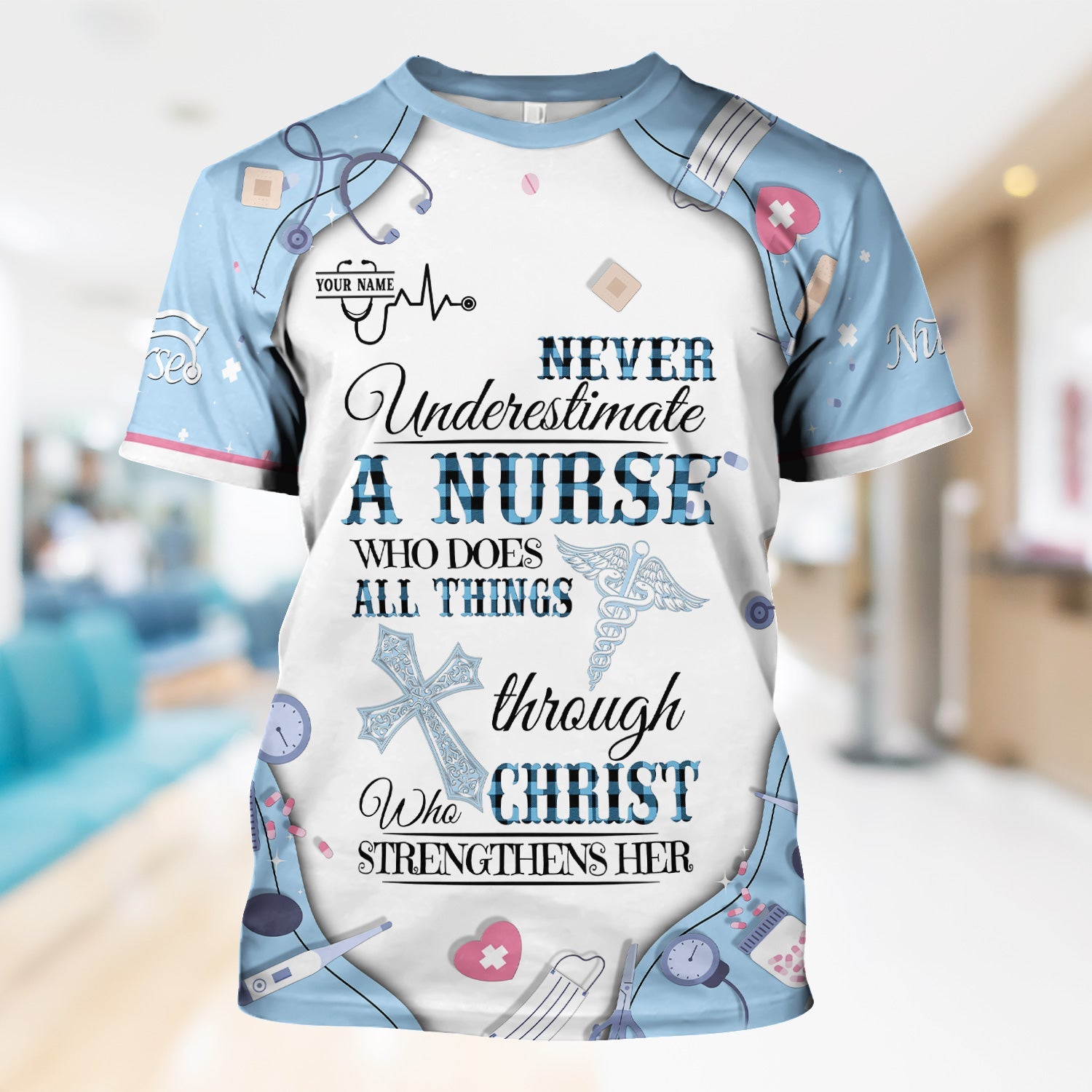 Personalized Christian Nurse Shirt for Women - All Things Through Christ Quote - Faith Medical Gift for RN LPN CNA Healthcare Workers