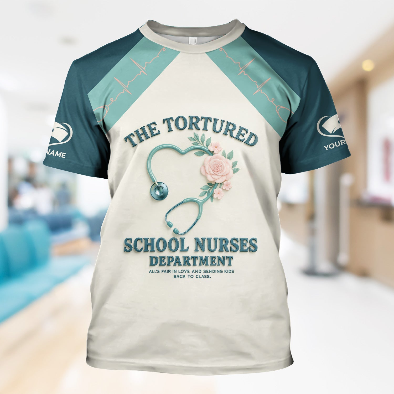 Personalized School Nurse T-Shirt - Funny Design with Heart Stethoscope and Roses - Appreciation Gift for RN LPN CNA Staff