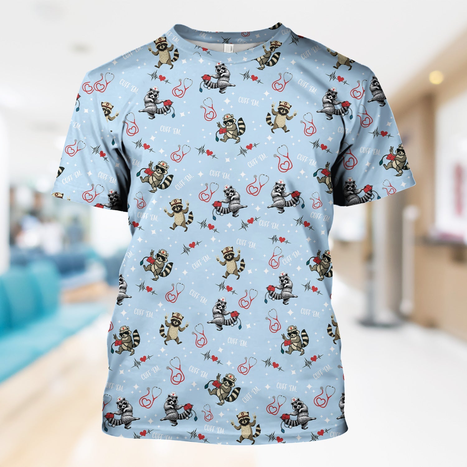 Cuff Em Raccoon Nurse Shirt - Funny Medical Scrub T-Shirt for CNA EMT LPN - Cute All Over Print Gift for Healthcare Workers