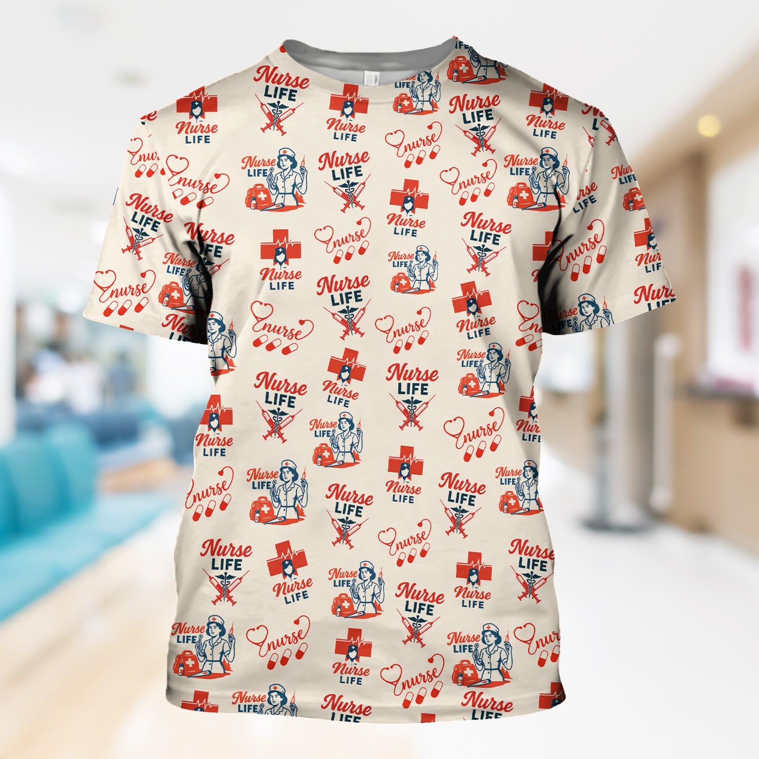 Vintage Nurse Life T-Shirt - All-Over Print Medical Icons Graphic Tee - Medical Gift for RN, LPN, CNA