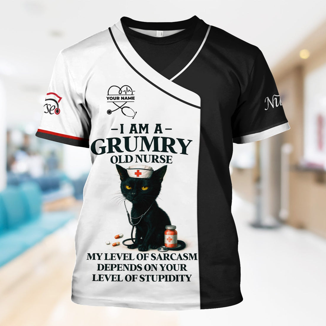 Grumpy Old Nurse Scrub Shirt with Sarcastic Black Cat Design - I Am a Nurse Of Course I'm Grumpy Quote - Gift for RN CNA LPN Healthcare Workers