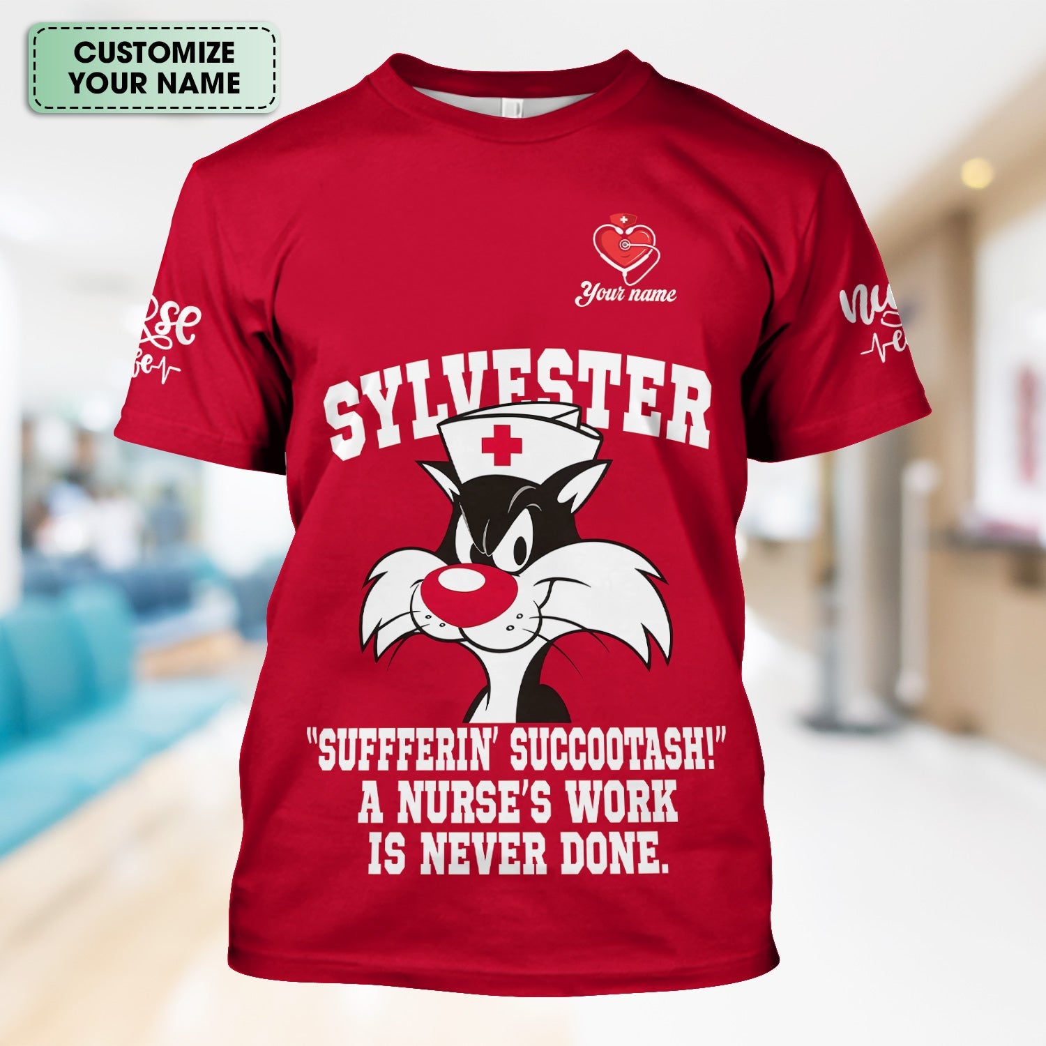 Custom Classic Cartoon Cat Nurse Shirt - A Nurse's Work Is Never Done Sarcastic Quote - Gift for RN LPN CNA