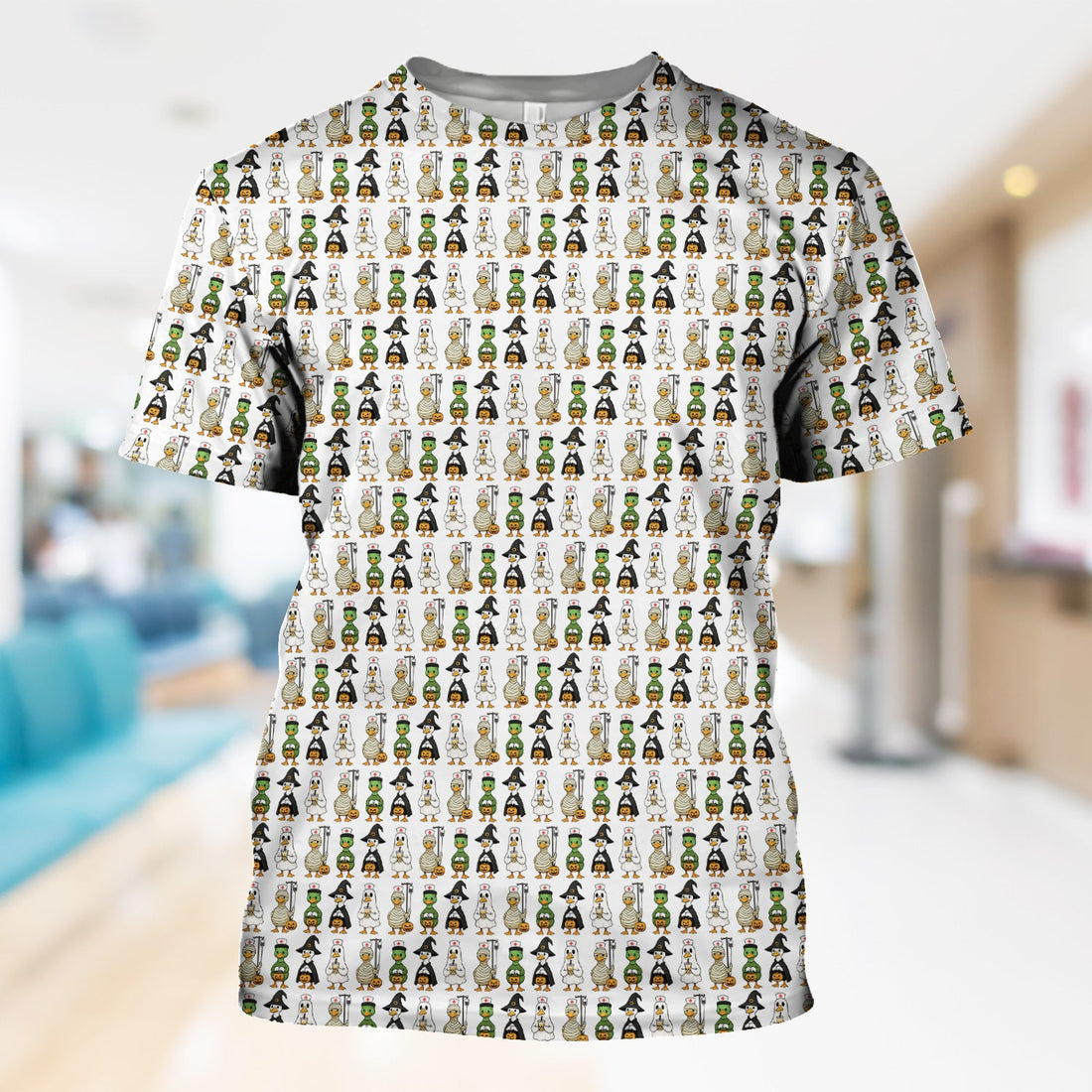 Funny Nurse Halloween T-Shirt - Cute Duck in Halloween Costumes Pattern Design - Gift for Women RN LPN & Healthcare Workers