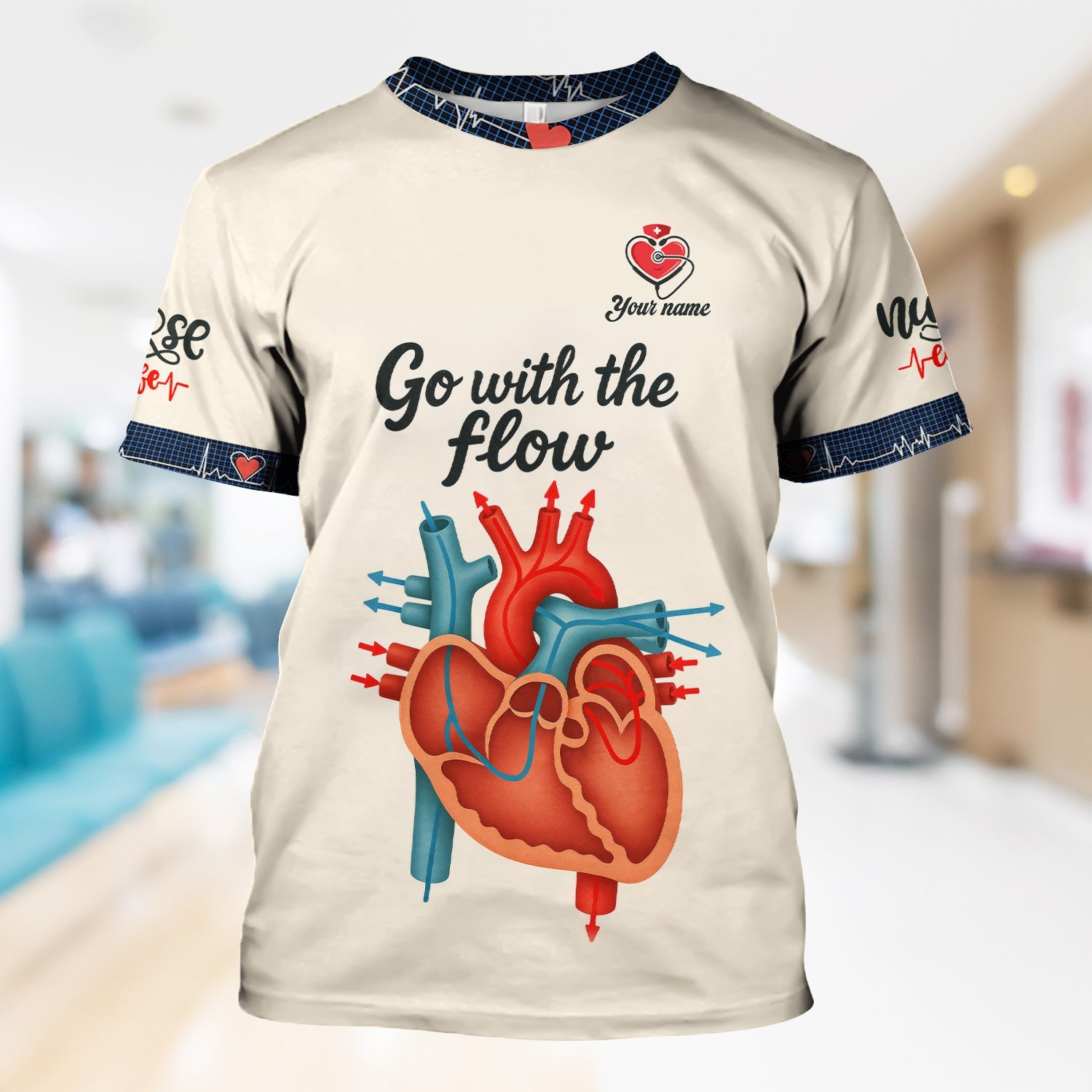 Funny Nurse Shirt for Women RN LPN CNA - Go With The Flow Heart Anatomy Design - Custom Name Gift for Healthcare Workers, Cardiologists, ICU & ER Staff