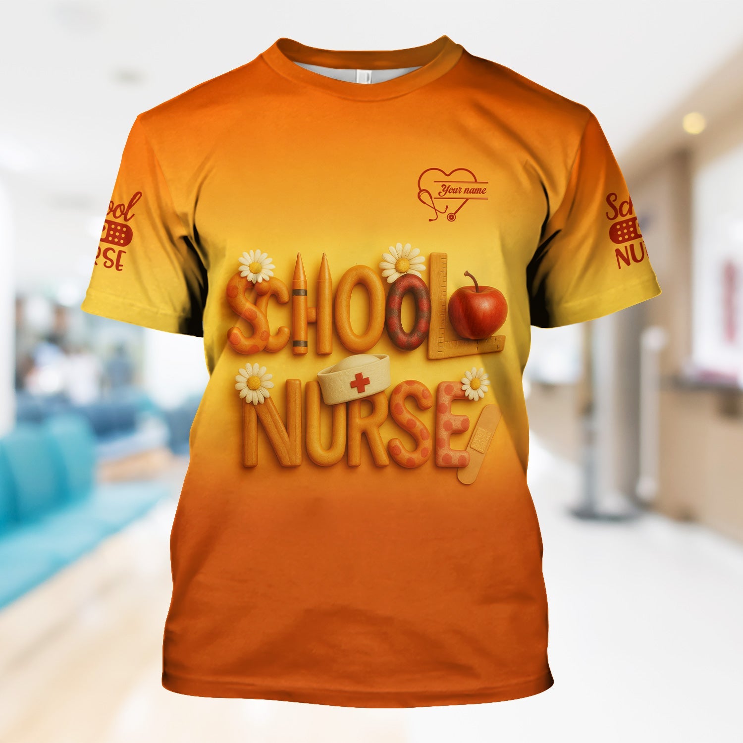 Personalized School Nurse T-Shirt - Fun Classroom & Medical Icon Design - Thoughtful Gift for School RN LPN Healthcare Staff