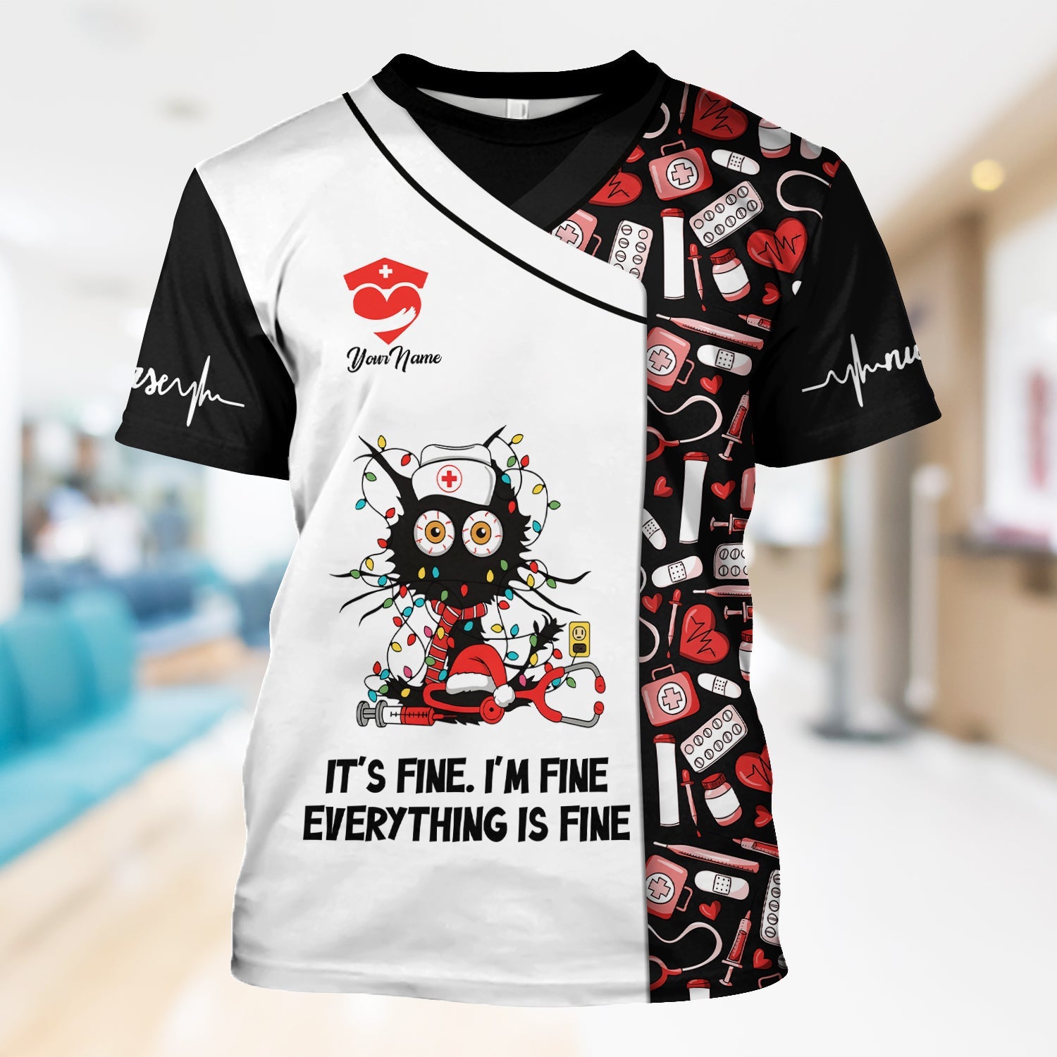 Personalized Sarcastic Nurse Shirt - Messy Black Cat with Christmas Lights Graphic Tee - Gift for Women RN, LPN, CNA