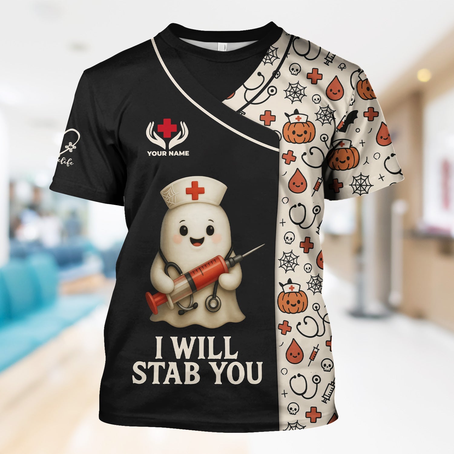 Personalized Halloween Medical Nurse T-Shirt - Funny Ghost with I Will Stab You Quote - Custom Name Gift for RN LPN CNA Healthcare Professionals