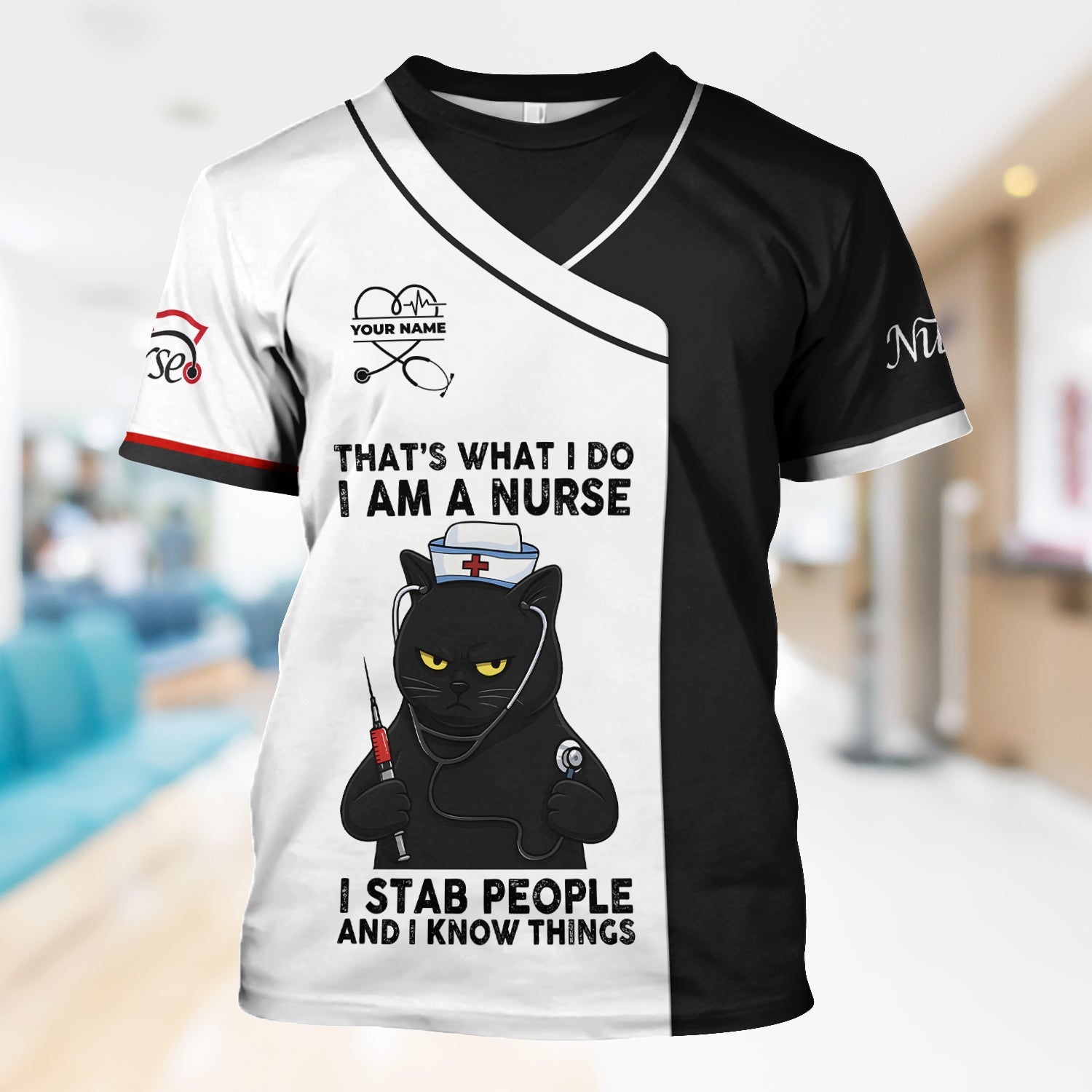 Personalized Grumpy Black Cat Nurse Shirt - Funny Syringe & Stethoscope Graphic Tee - Gift for Women RN LPN & Healthcare Workers