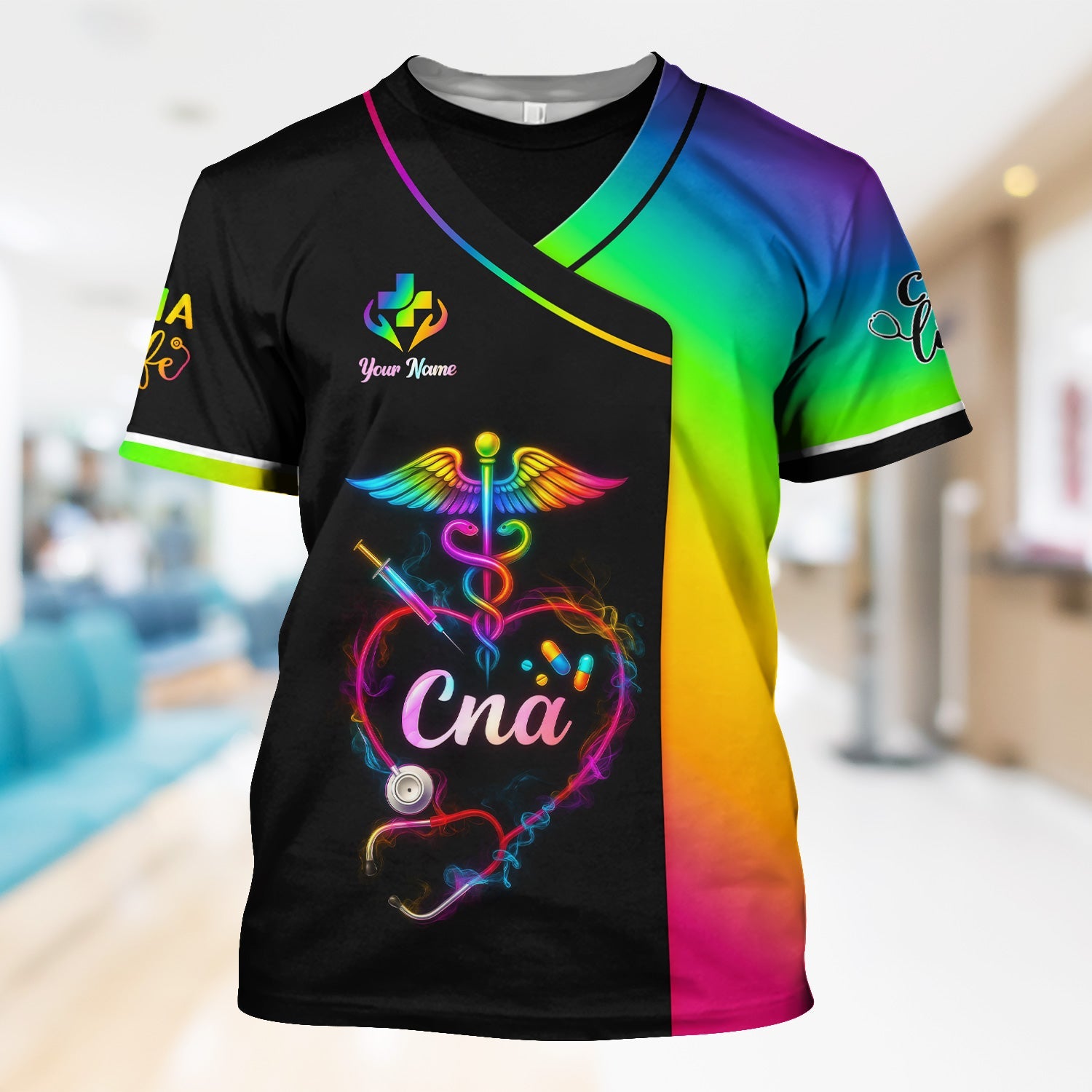 Custom Rainbow CNA Nurse Shirt - Stethoscope Heart & Caduceus Design - Gift for RN LPN Healthcare Workers