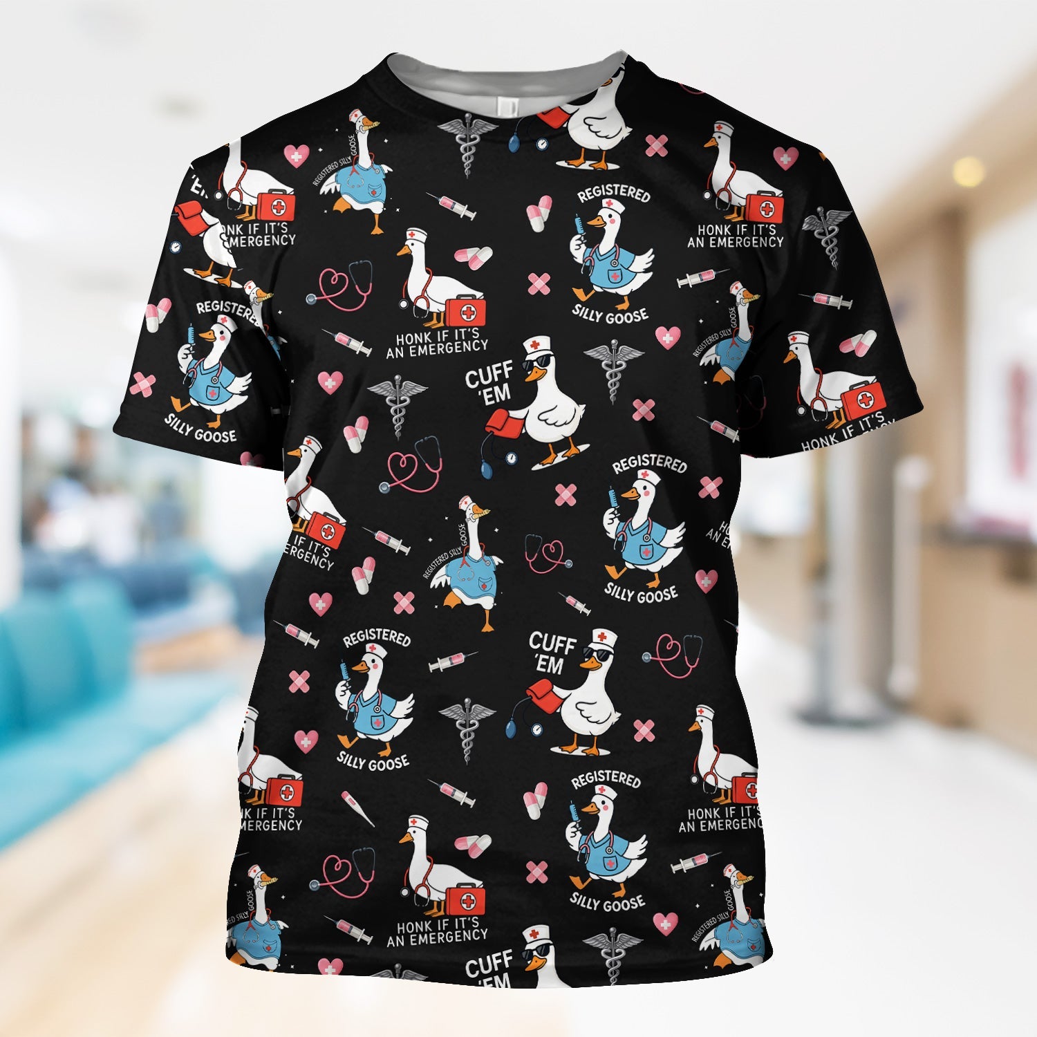 Goose Nurse Graphic T-Shirt for Women - Cute Medical Work Tee with Stethoscope & Heart Icons - Gift for RN, CNA, LPN