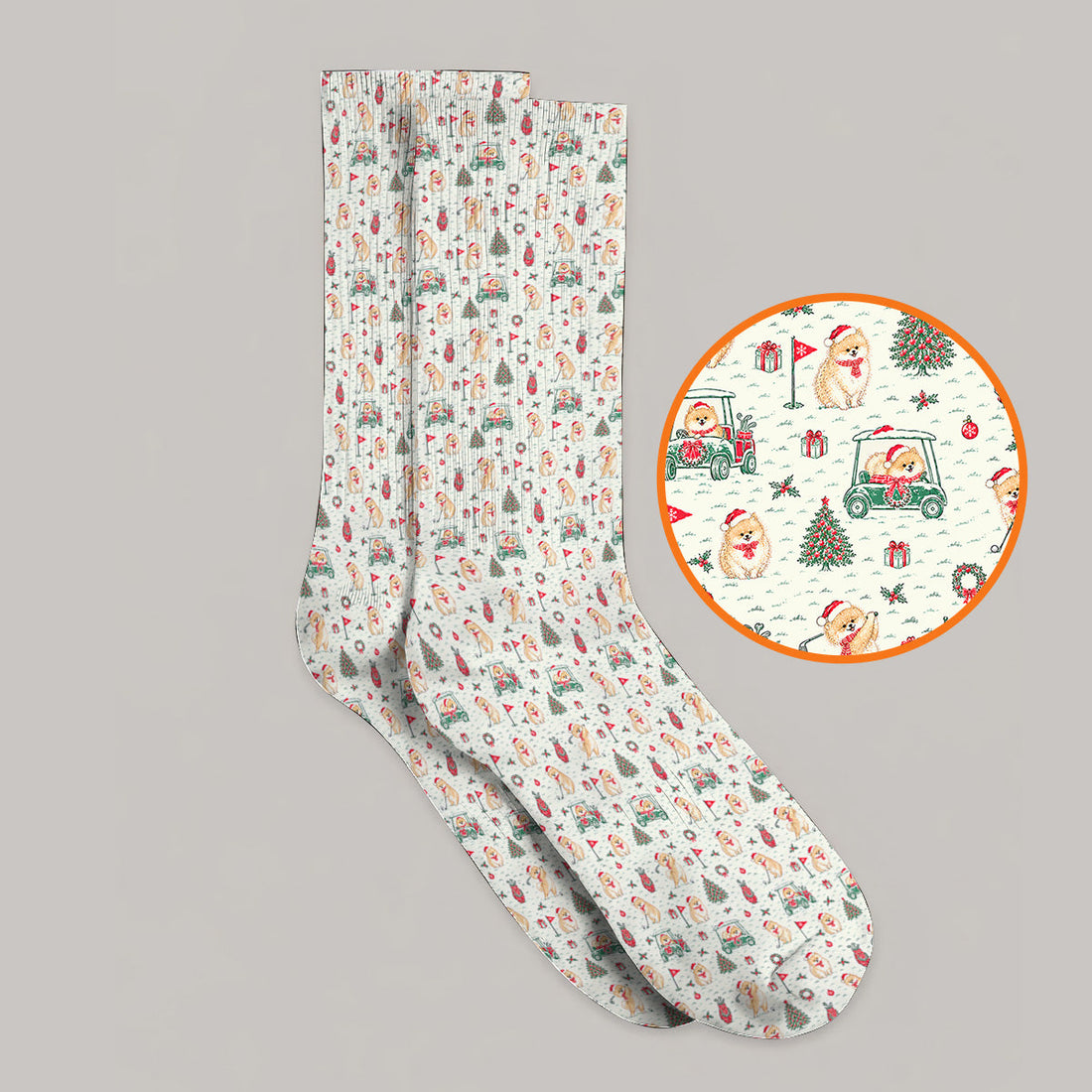 Funny Xmas Pomeranian Golf Socks, Pom Dog & Holiday Golf Cart Pattern Sock, Christmas Golf Gift For Dog Lovers