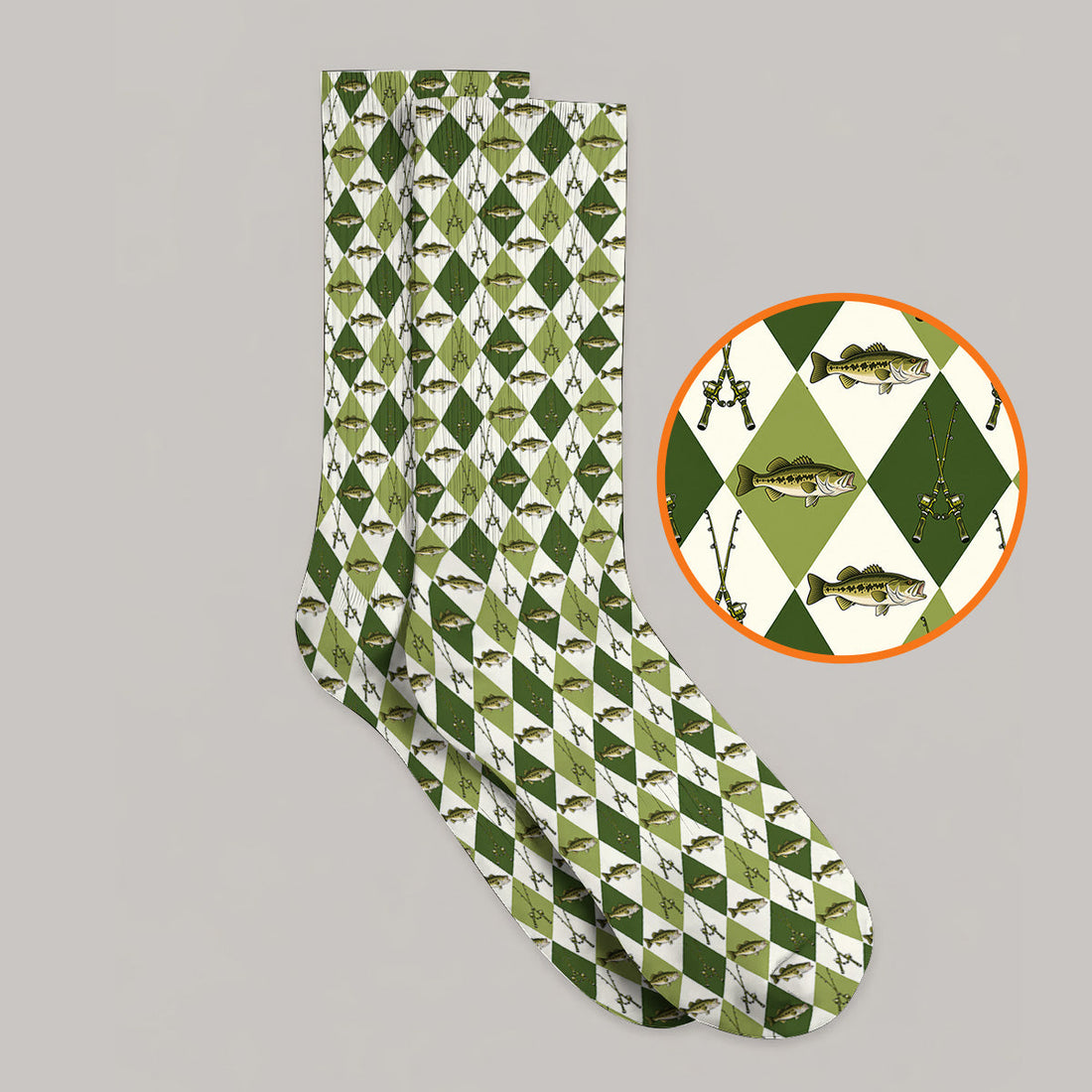 Bass Fishing Golf Socks, Fishing Bass & Rod Pattern Golf Sock, Crazy Golf Gift For Golfers