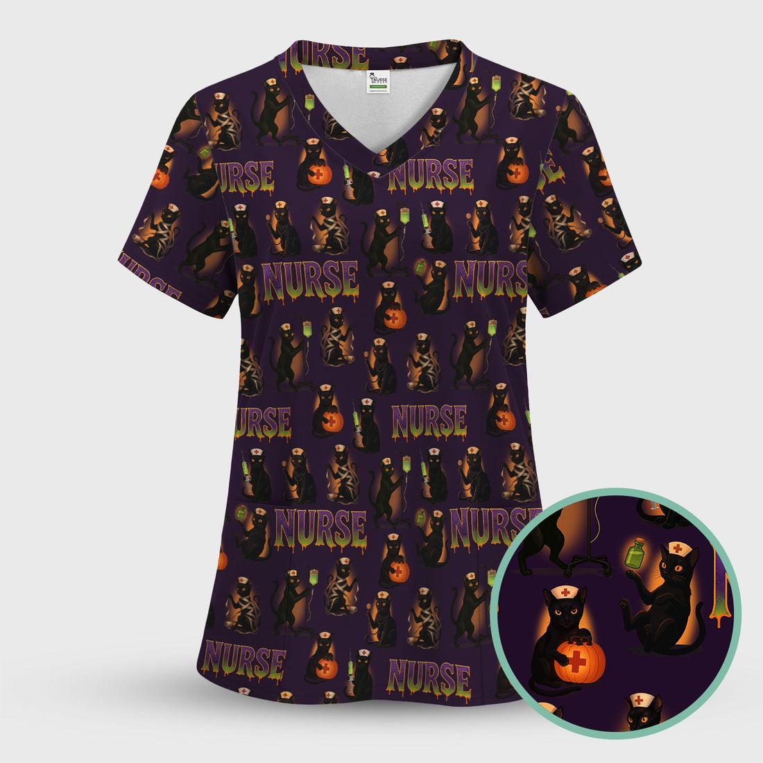 Halloween Nurse Shirt for Women - Black Cat with Pumpkin & IV Bag Design - Spooky Gift for RN LPN CNA