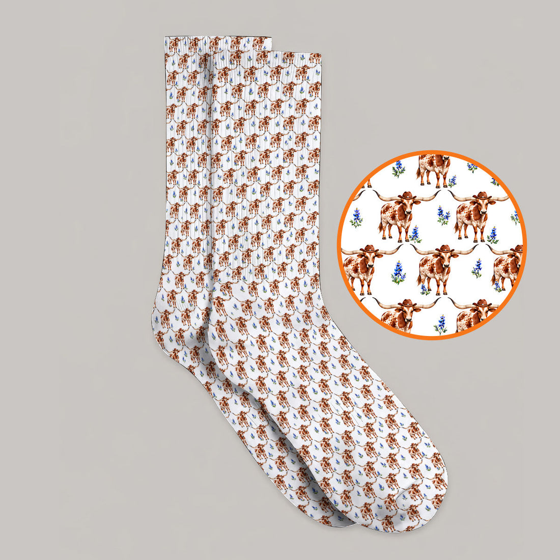 Crazy Texas Golf Socks, Western Cowboy Longhorn Patatern Golf Sock, Texas Bluebonnet Golf Gift For Golfers