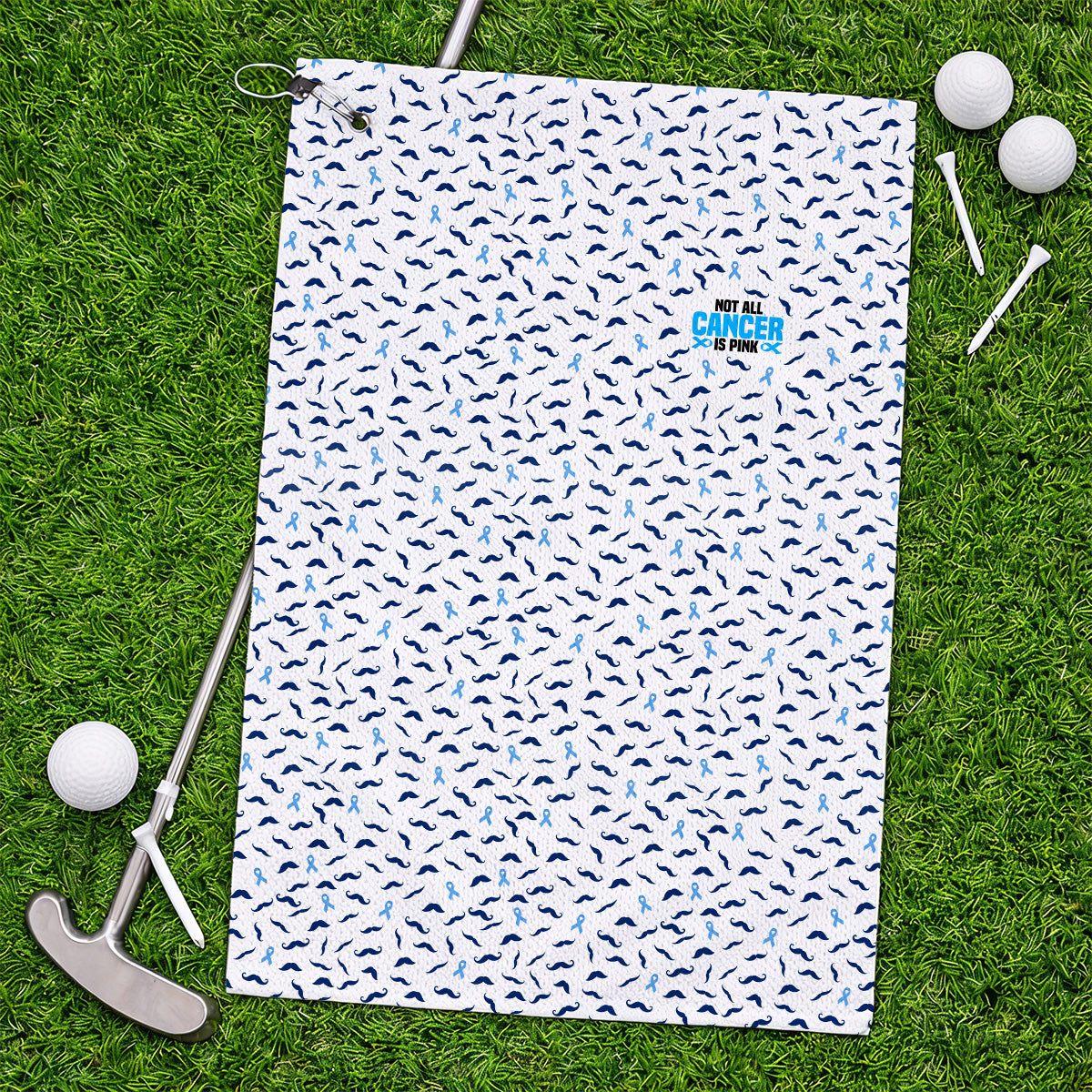 Prostate Cancer Awareness Golf Towels, Blue Ribbon Mustache Pattern Golf Towel, Support Gift for Golfers