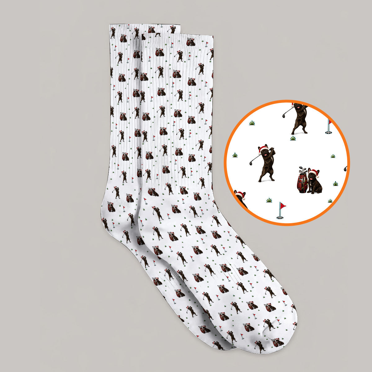 Christmas French BullDog Golfer Socks, Xmas French BullDog Golf Pattern Sock, Holiday Golf Gift for Golfers
