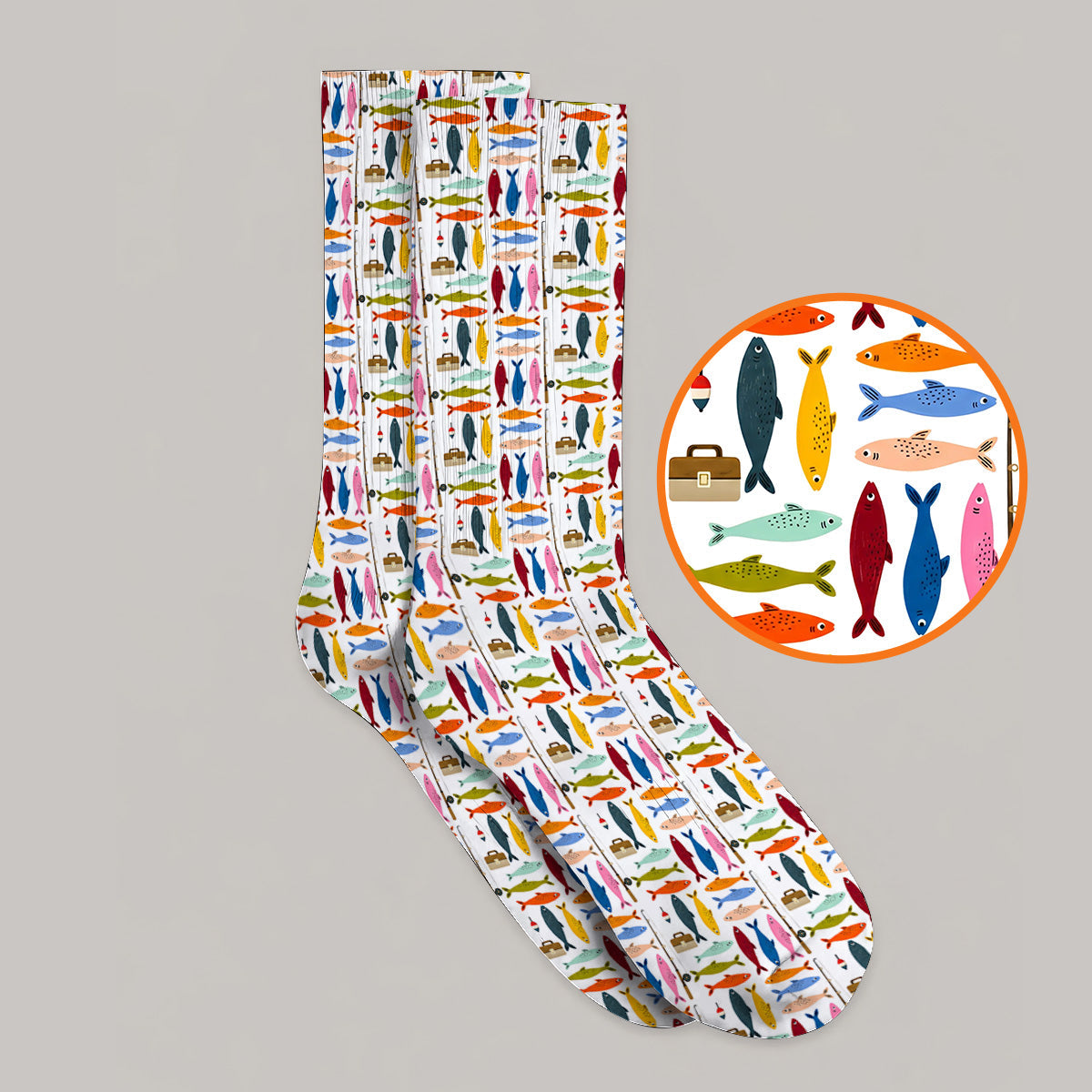 Colorful Fish Pattern Golf Socks, Fishing Rod Pattern Golf Sock, Crazy Golf Gift For Anglers and Fishermen