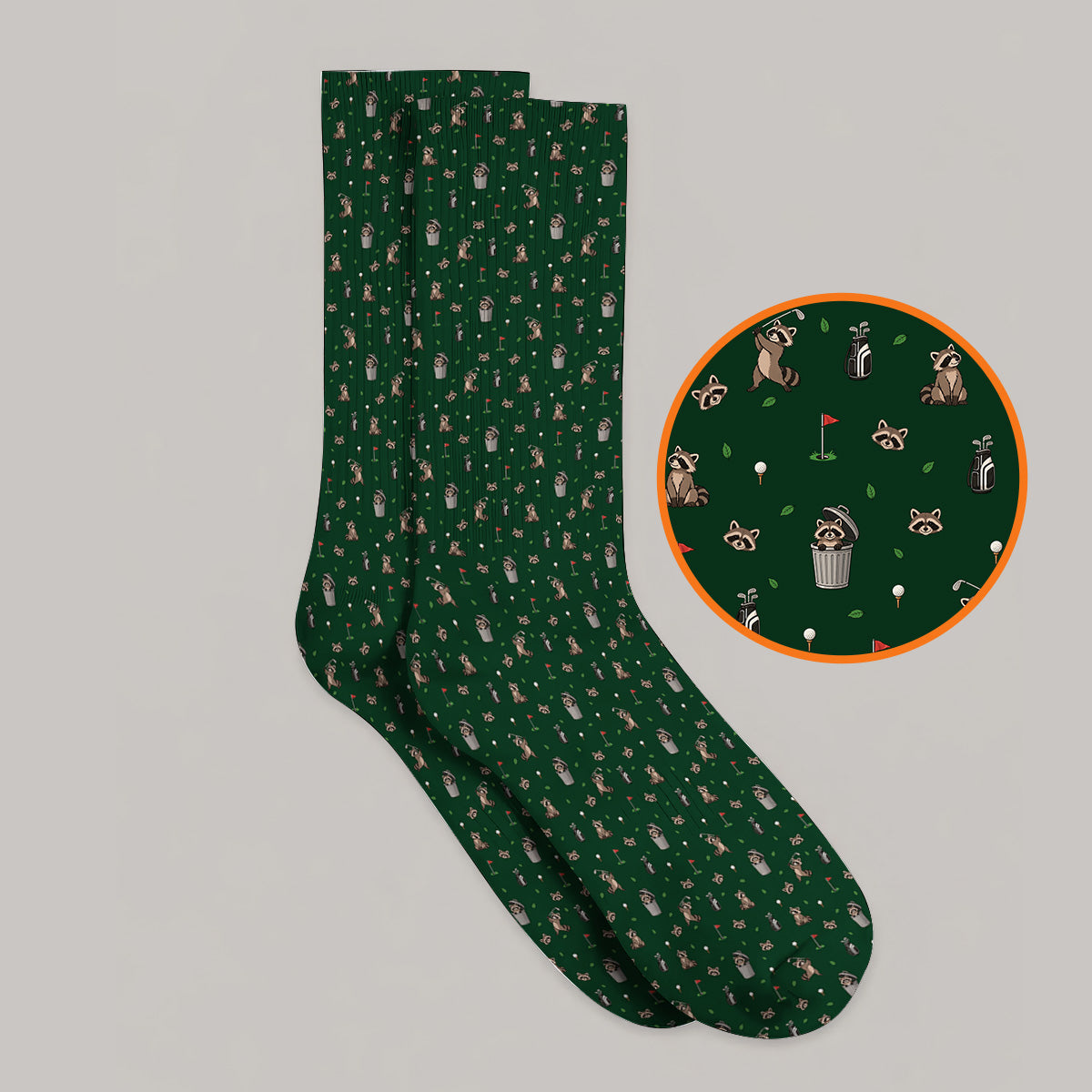 Raccoon Golf Socks, Playful Raccoon Golf Pattern Sock, Funny Animal Golf Footwear for Golfer