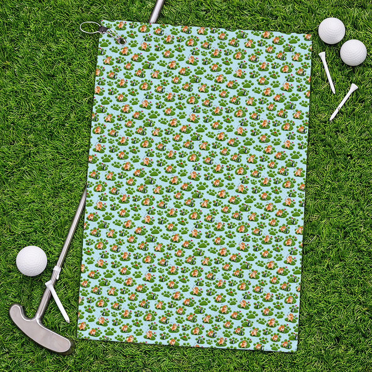 Pomeranian Paw Pattern Golf Towels, Cute Fluffy Pom Dog Pattern Golf Towel, Crazy Golf Gift For Golfers