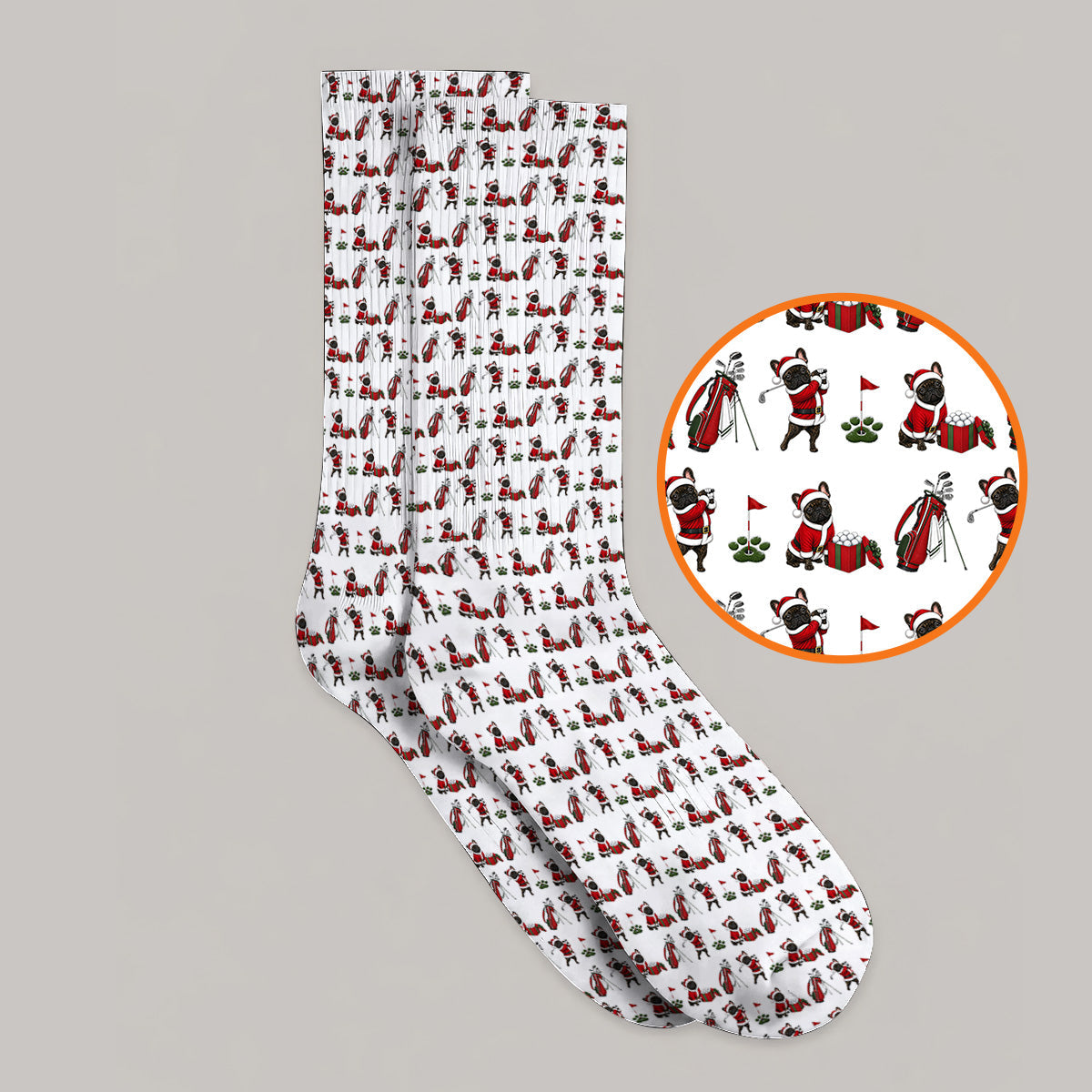 Christmas French BullDog Pattern Golf Socks, Funny Santa French BullDog Holiday Golf Sock, Xmas Golf Gift For Golfers
