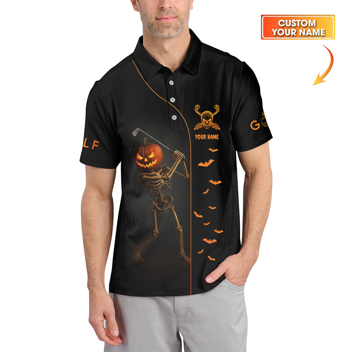 Custom Name Golf Polos, Halloween Skeleton Golf Shirt, Crazy Golf Shirts For Men's