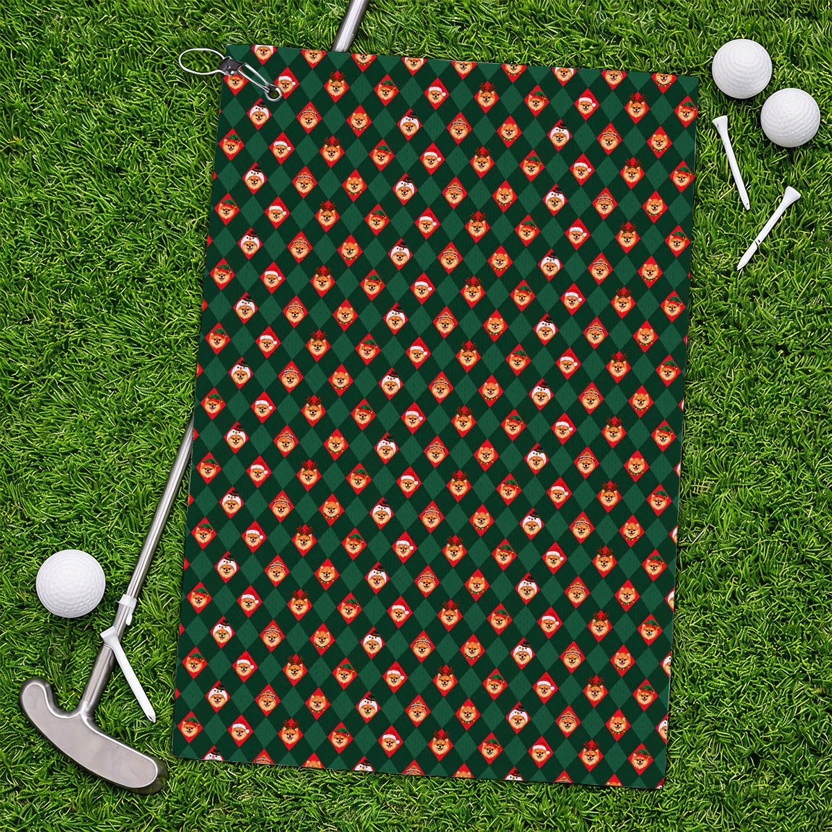 Christmas Pomeranian Golf Towels, Green Argyle & Santa Dog Pattern Golf Towel, Xmas Golf Gift For Golfer