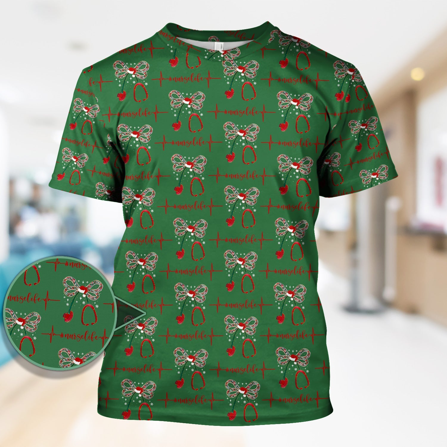 Festive Nurse Life Christmas Shirt - Christmas Stethoscope & Heartbeat Graphic Tee - Gift for RN LPN CNA Healthcare Staff