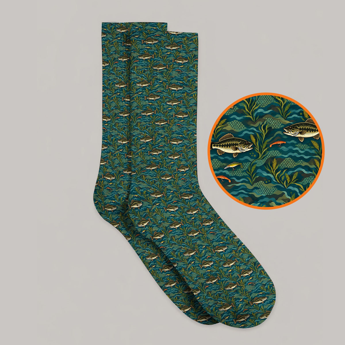 Crazy Bass Fishing Golf Socks, Fishing Bass & Rod Pattern Golf Sock, Golf Gift For Golfers