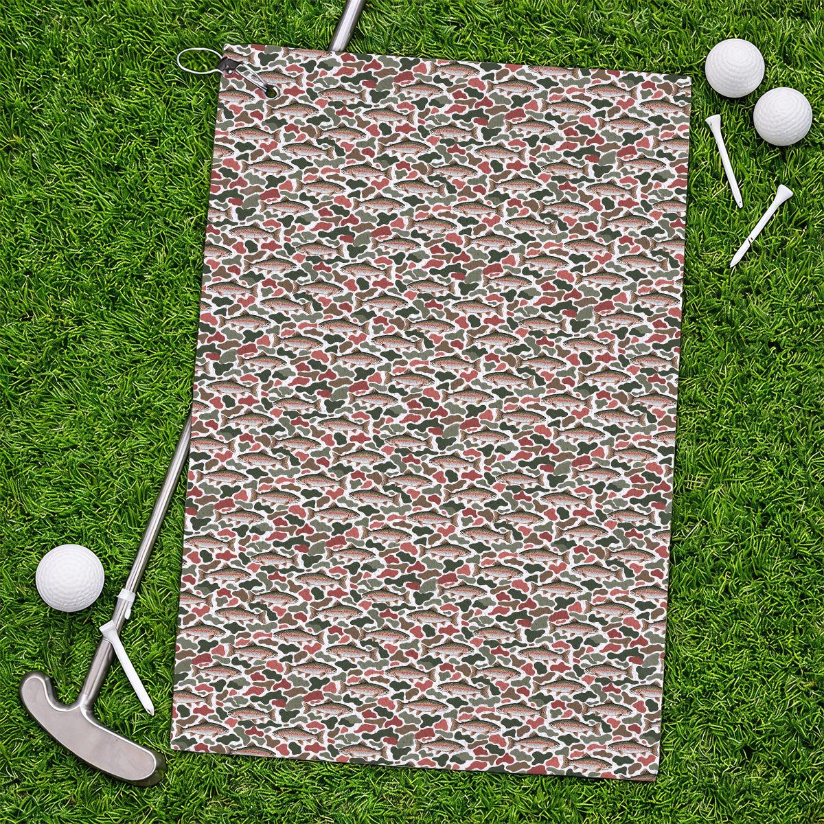 Rainbow Trout Camo Golf Towels, Trout Fishing Camouflage Pattern Golf Towel, Crazy Golf Gift For Golfer