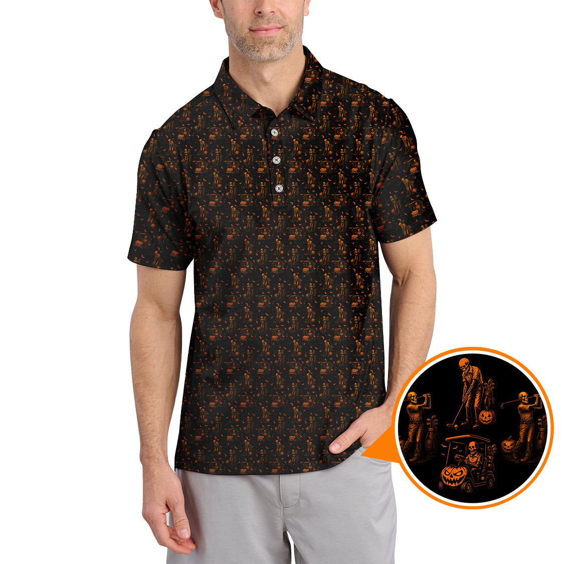 Halloween Skeleton Golf Shirt, Funny Pattern Golf Polos For Men, Spooky Golf Cart & Pumpkin Shirts