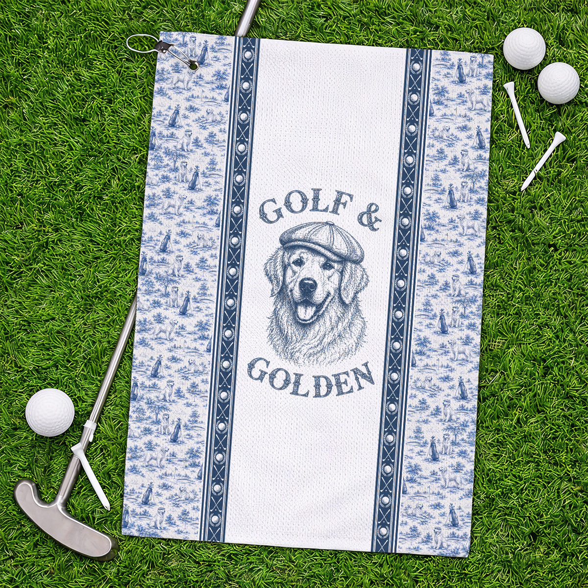 Golden Retriever Golf Towel, Toile De Jouy Golden Pattern Golf Towels, Crazy Golf Gift For Golfer