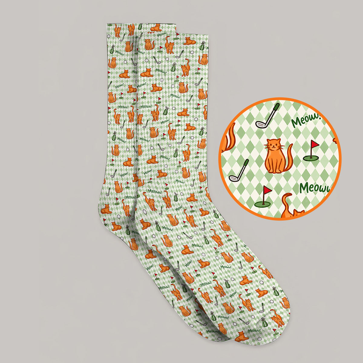 Cute Orange Cat Golf Socks, Meow Cat And Golf Pattern Sock, Funny Cat Golf Gift For Golfer