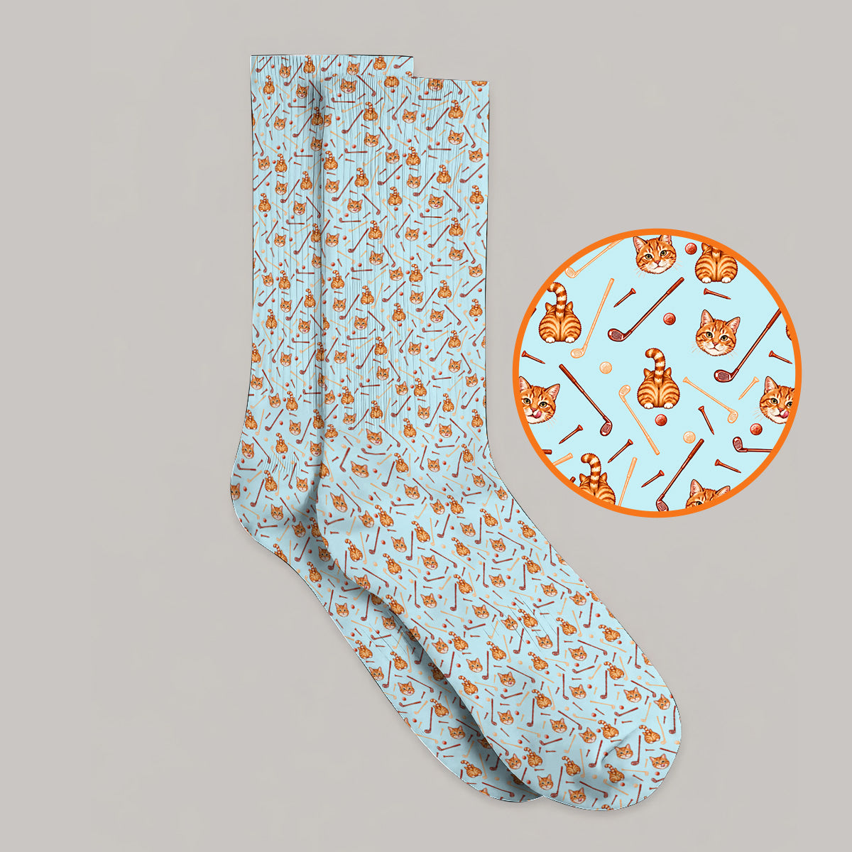 Orange Tabby Cat Golf Sock, Funny Cat Butt & Golf Pattern Socks, Unique Golf Apparel Gift for Cat Lovers