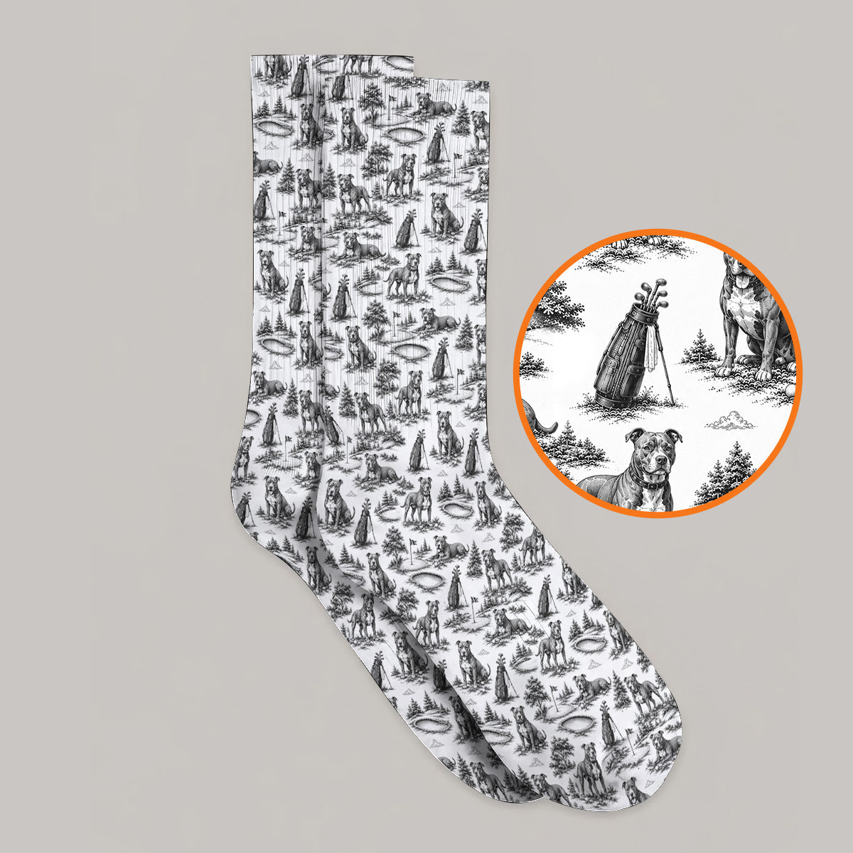 Crazy Pit Bull Golf Socks For Golfer, Toile de Jouy Pit Bull Pattern Golf Sock, Dog Lover Golf Gift