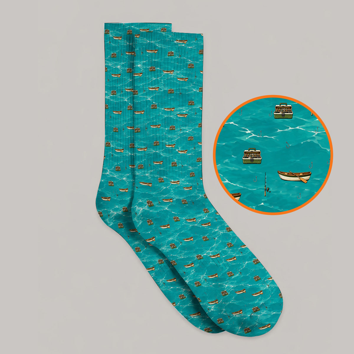 Fishing Pattern Golf Socks, Fishing Boat With Tackle Pattern Golf Sock, Unique Fishing Gift for Fishermen And Golfer