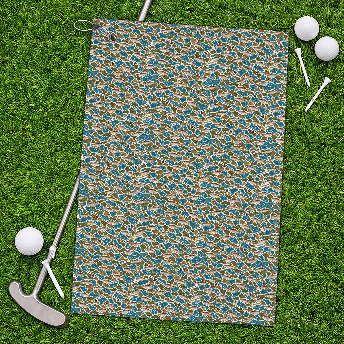 Rainbow Trout Fly Fishing Golf Towels, Crazy Camo Fish Pattern Golf Towel, Outdoor Golf Apparel Gift for Trout Fishing Lovers