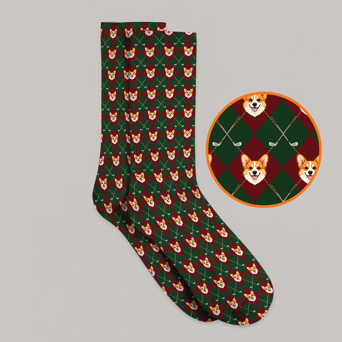 Corgi Christmas Golf Socks, Crazy Corgi Pattern Golf Sock, Xmas Golf Gift For Golfers