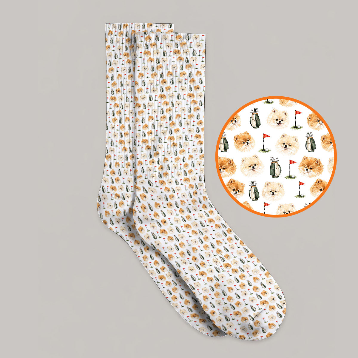 Pomeranian Golf Socks, Fluffy Pom Dog & Golf Pattern Sock, Funny Golf Gift For Golfer