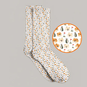 Pomeranian Golf Socks, Fluffy Pom Dog & Golf Pattern Sock, Funny Golf Gift For Golfer
