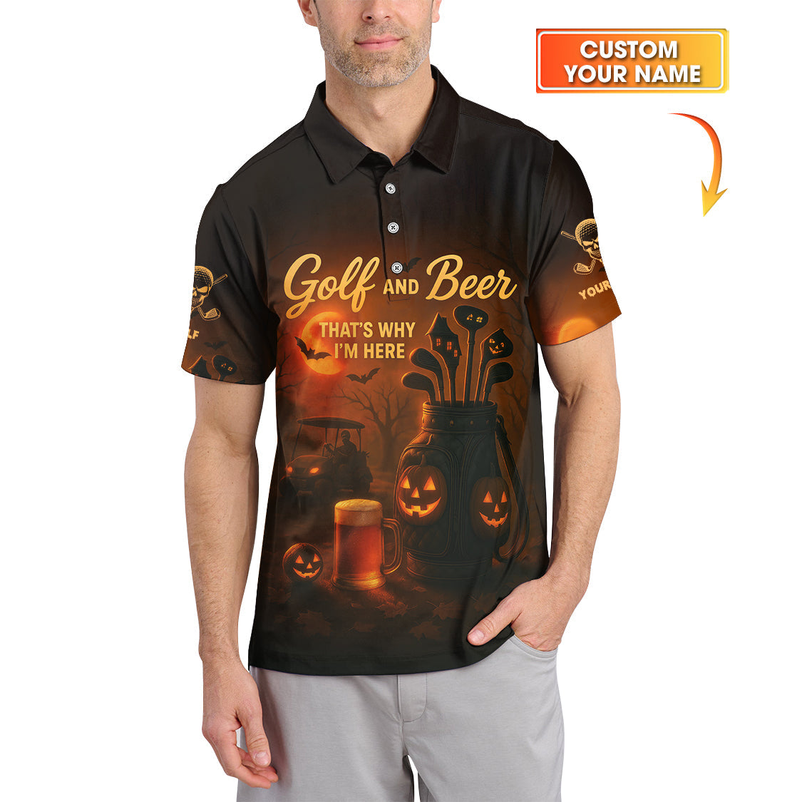 Halloween Golf Shirt, Golf and Beer That's Why I'm Here Shirt Withc Custom Name, Men Golf Gift, Crazy Golf Shirt For Golfer