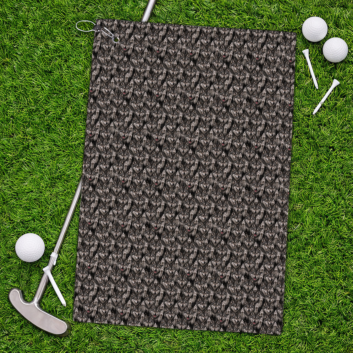 Crazy Wolf Golf Towel, Wolf Golf Pattern Towels, Golf Gift for Golfers